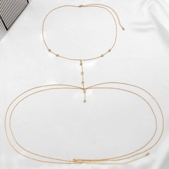 14K 9Diamonds Gold Plated Body Chain Women Layered Rhinestone Bikini Bra Jewelry - Picture 6 of 7